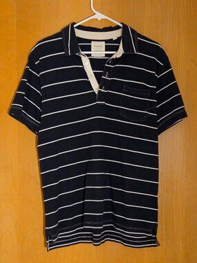 Billy Reid Short Sleeve Polo Shirt Mens L Navy Blue Stripe 100% Cotton Preppy